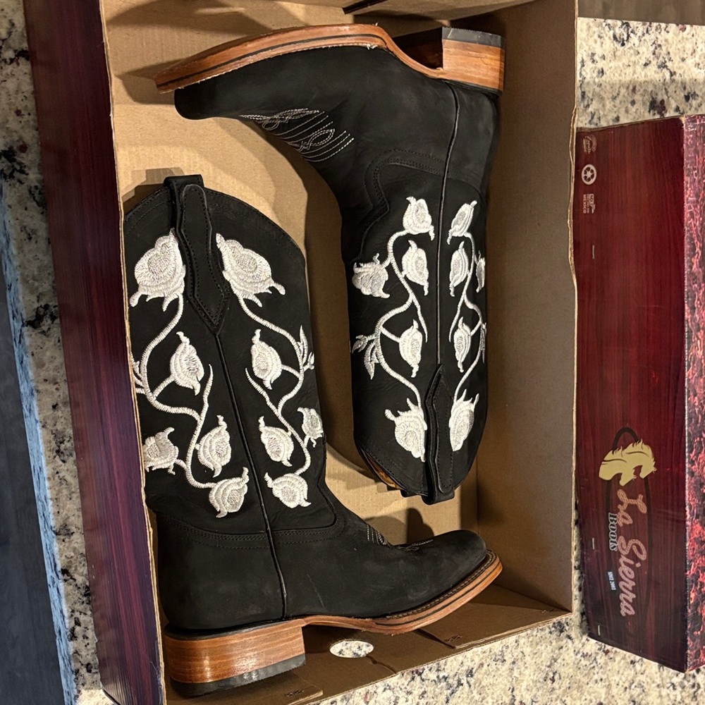 Serra Black and White Floral Heeled Boots